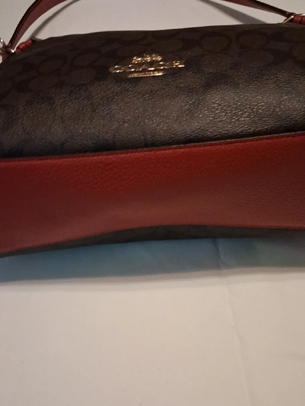 Coach Brown Signature Canvas Shoulder Bag with Red Leather Trim Gold tone logo